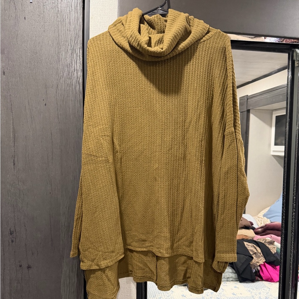 Zenana Outfitters Mustard Waffle Knit Cowl Neck Sweater
